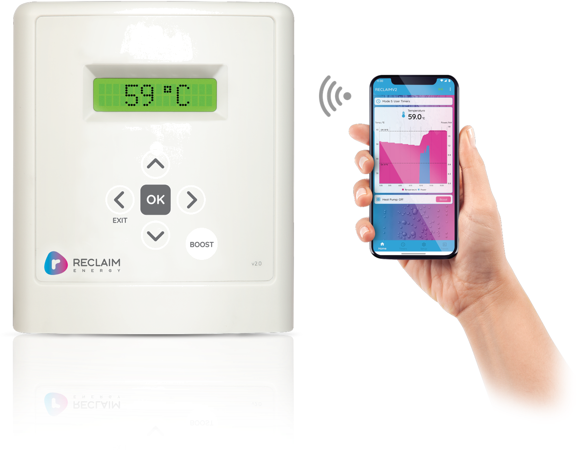 Reclaim Energy Version 2.0 Wi-Fi controller alongside the mobile app